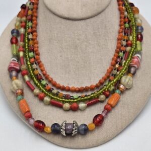 Colorful Bright Glass Bead Multi Strand Layered Necklace 16-18" Funky Happy
